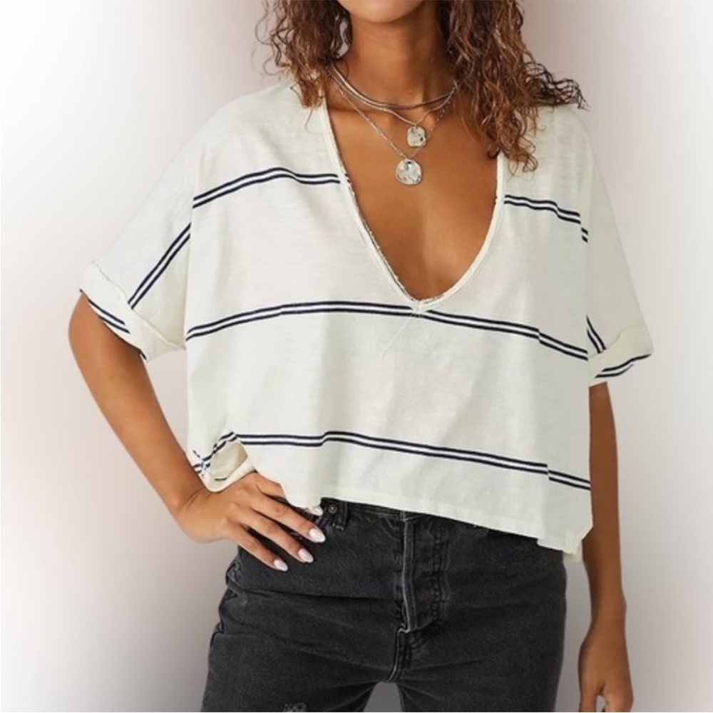 Free People Cream Stripe Short Sleeve V-Neck Tee